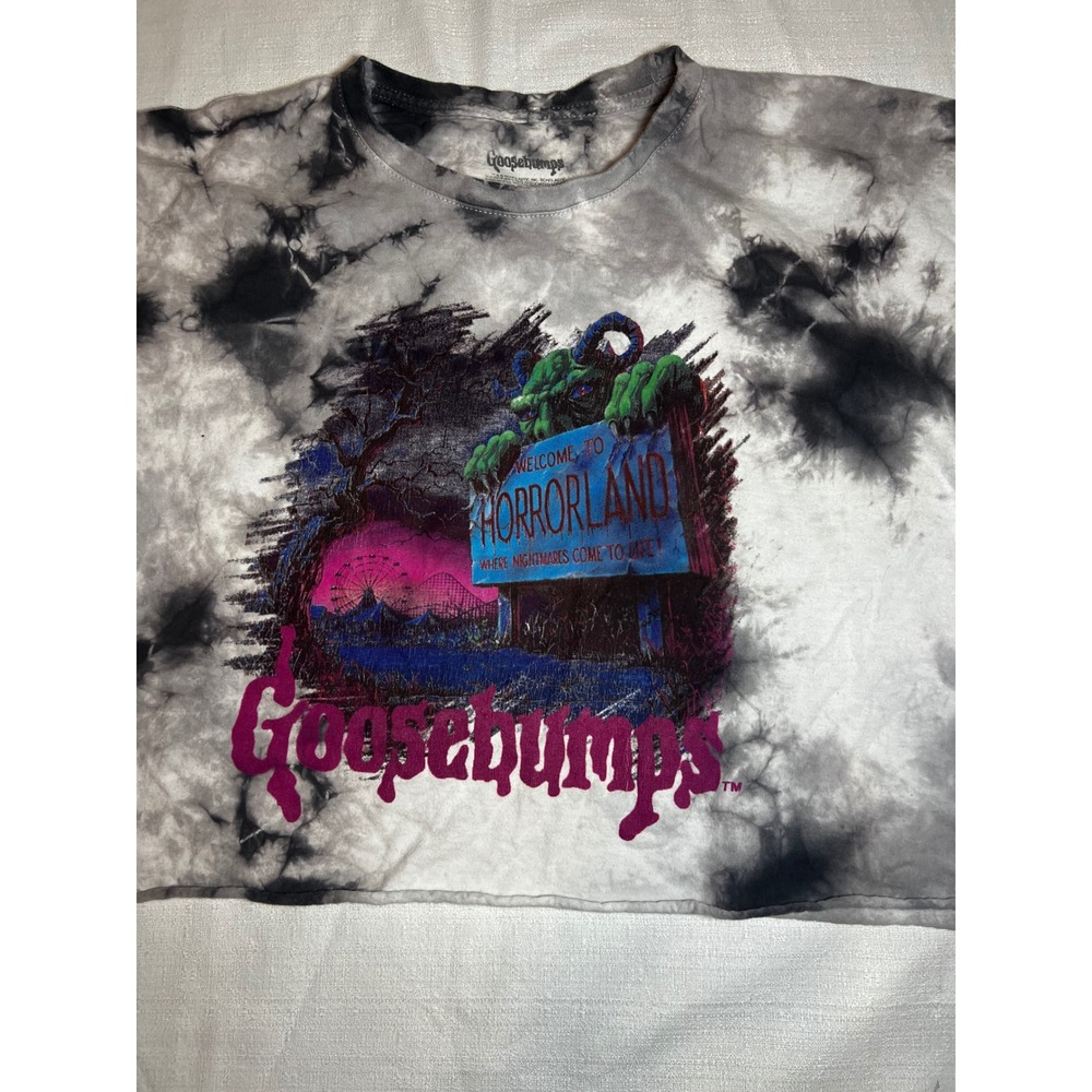 Goosebumps HorrorLand Tie Dye Graphic T-Shirt XL Gray Black Cropped Raw Hem
